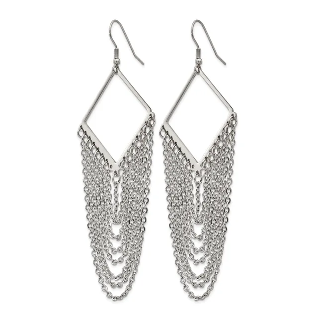 Pair of silver-toned dangle earrings with diamond-shaped frames and layered chain fringe hanging from fish hook backs.