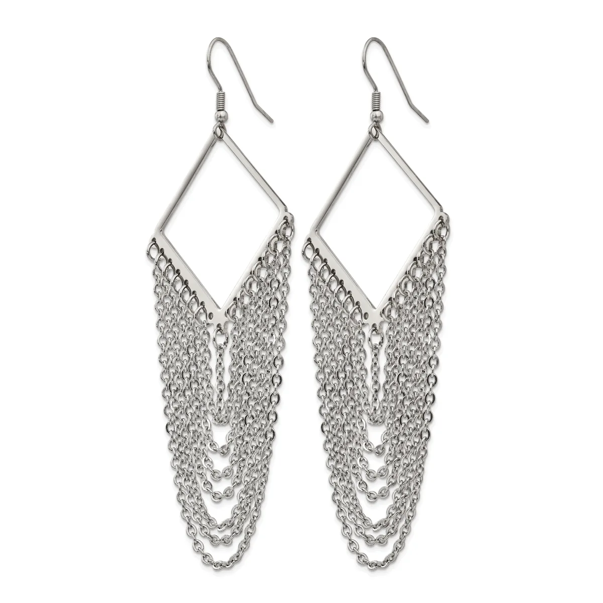 Pair of silver-toned dangle earrings with diamond-shaped frames and layered chain fringe hanging from fish hook backs.