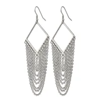 Pair of silver-toned dangle earrings with diamond-shaped frames and layered chain fringe hanging from fish hook backs.