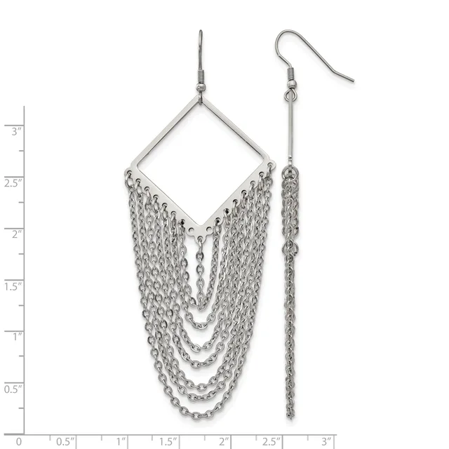 A pair of silver-toned metal earrings with diamond-shaped tops and multiple draped chain strands hanging below, displayed against a measurement scale.