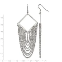 A pair of silver-toned metal earrings with diamond-shaped tops and multiple draped chain strands hanging below, displayed against a measurement scale.