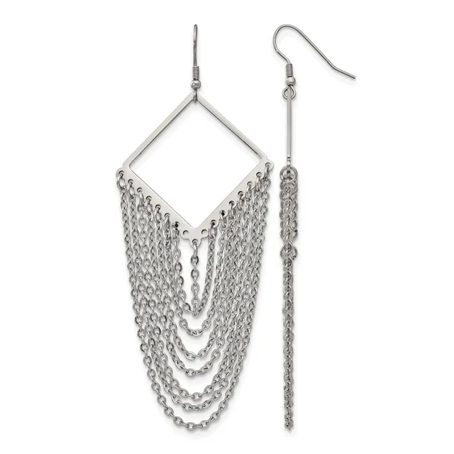 Pair of silver-tone dangle earrings featuring diamond-shaped frames with multiple draped chains hanging below, shown from front and side views.