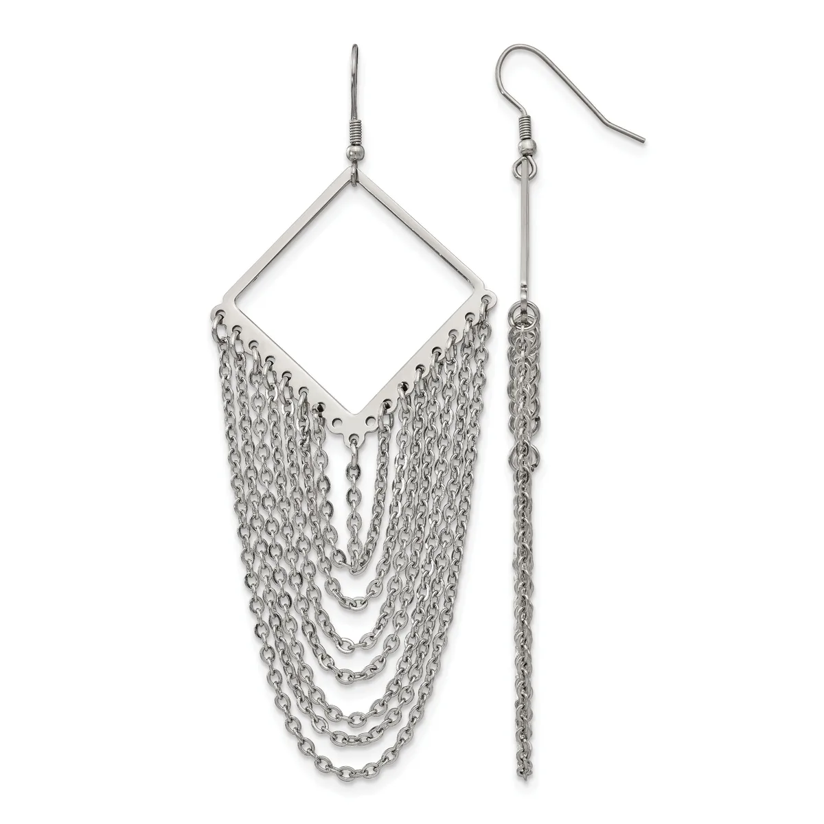 Pair of silver-tone dangle earrings featuring diamond-shaped frames with multiple draped chains hanging below, shown from front and side views.