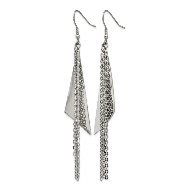 Pair of silver-toned dangle earrings with fish hook closures, each featuring a flat triangular pendant with multiple fine chains hanging below.