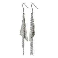 Pair of silver-toned dangle earrings with fish hook closures, each featuring a flat triangular pendant with multiple fine chains hanging below.