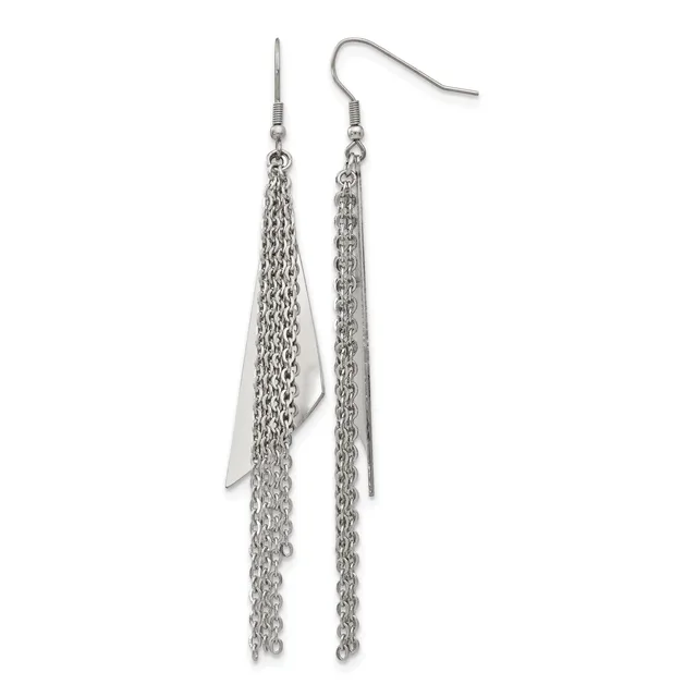 Pair of long silver-toned dangle earrings with chain fringe and a flat rectangular metal plate at the top, suspended from hook-style ear wires.