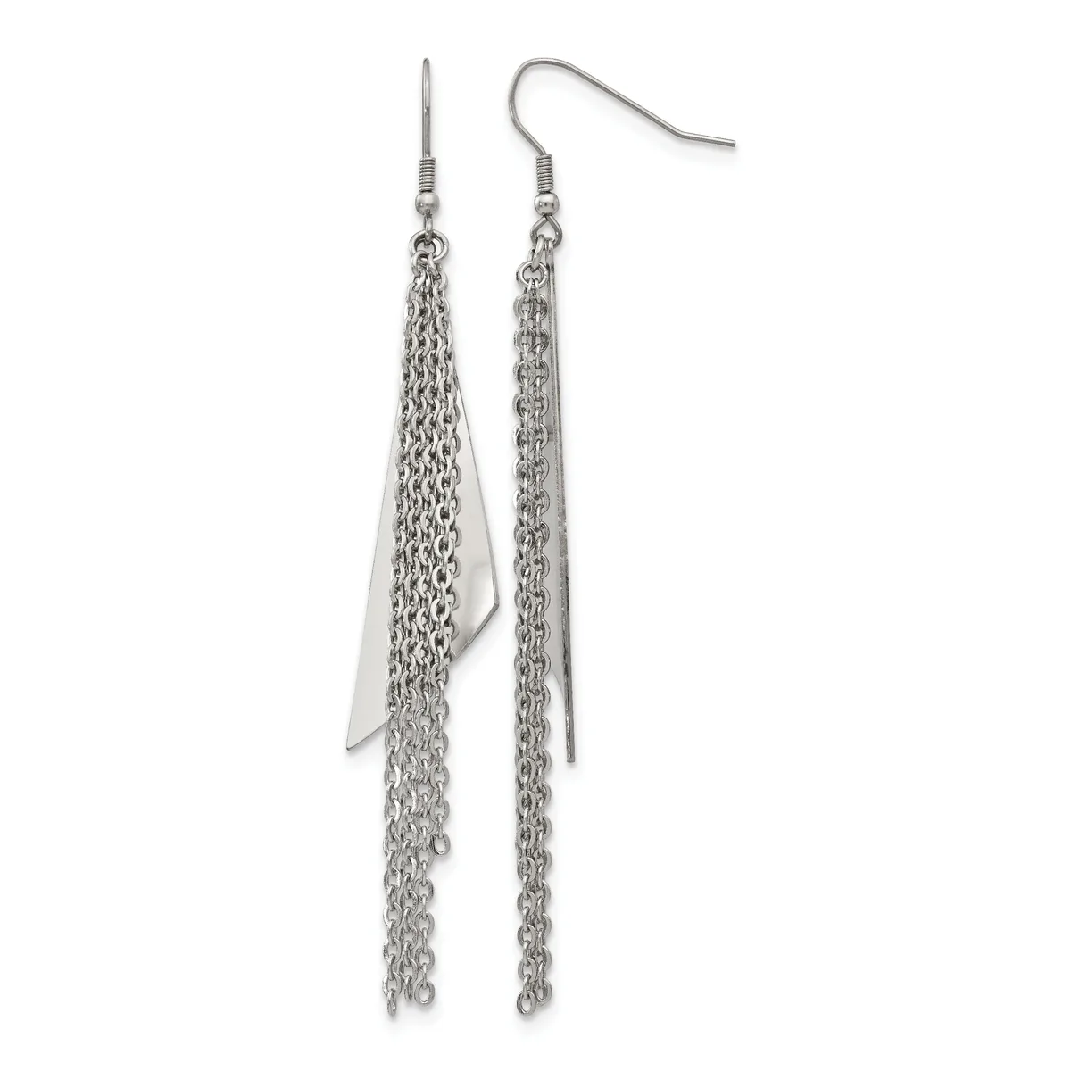 Pair of long silver-toned dangle earrings with chain fringe and a flat rectangular metal plate at the top, suspended from hook-style ear wires.