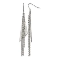 Pair of long silver-toned dangle earrings with chain fringe and a flat rectangular metal plate at the top, suspended from hook-style ear wires.