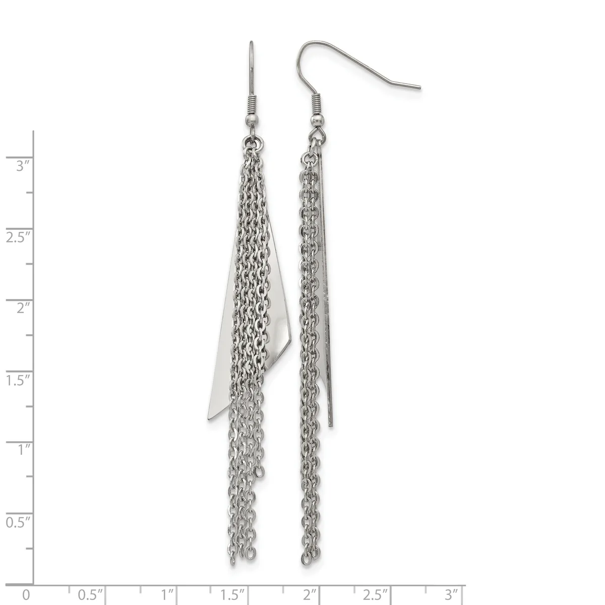 Pair of silver-toned chain tassel earrings with fish hook wires, measuring approximately three inches long.
