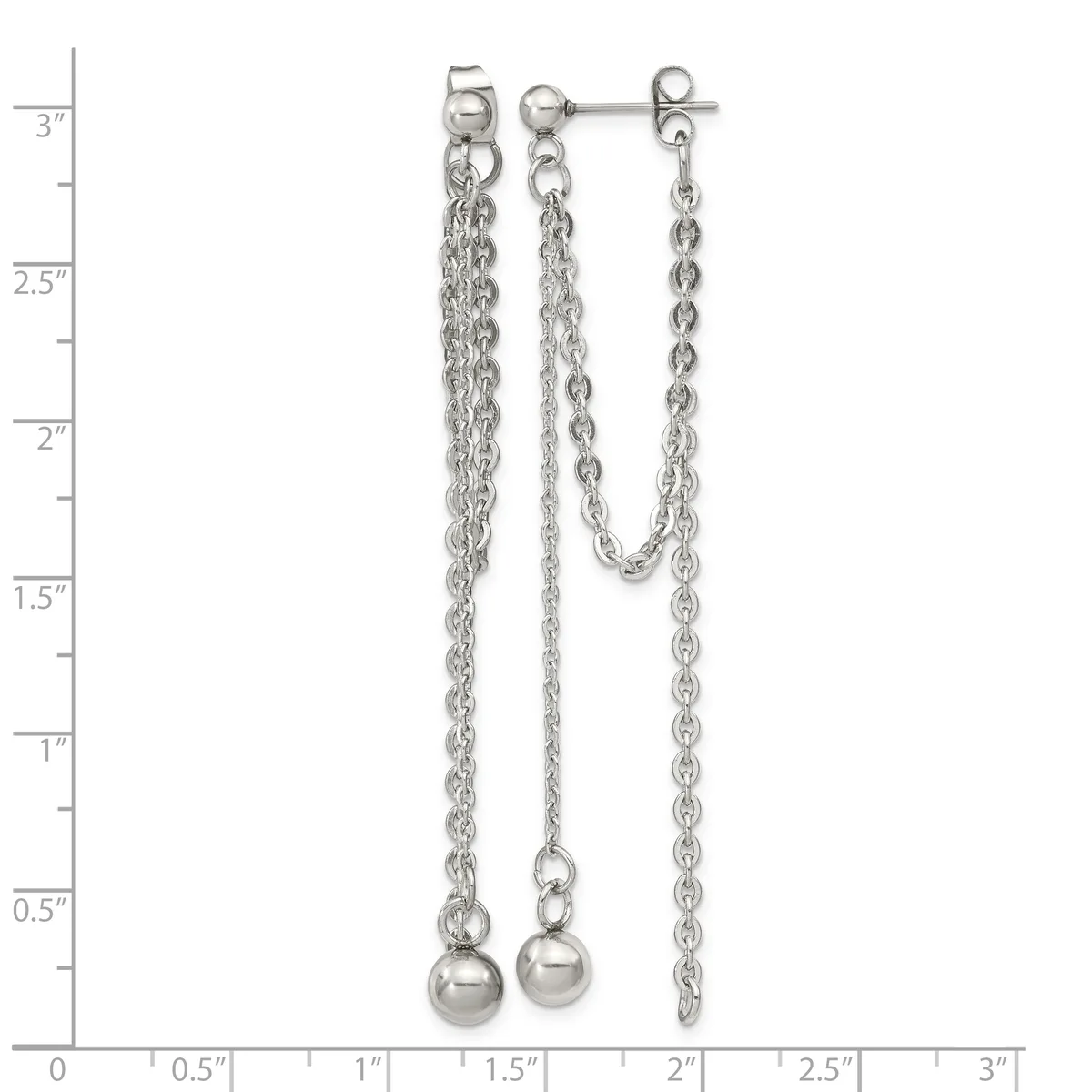 Pair of silver chain drop earrings with ball terminals, displayed on a ruler showing approximately 3 inches in total length.