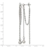 Pair of silver chain drop earrings with ball terminals, displayed on a ruler showing approximately 3 inches in total length.