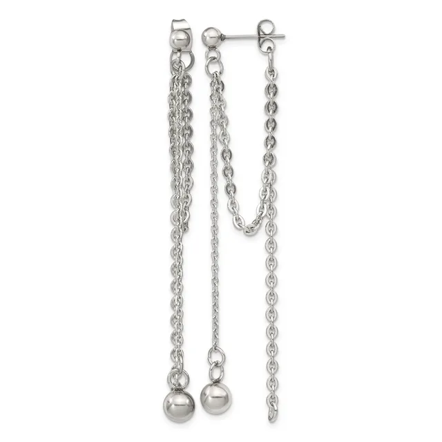Sterling silver chain earrings with ball drops and a connected chain detail between the posts, displayed against a white background.