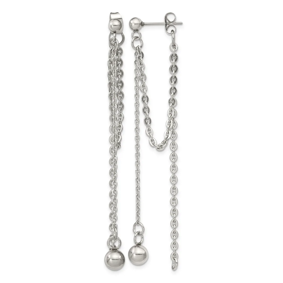 Sterling silver chain earrings with ball drops and a connected chain detail between the posts, displayed against a white background.