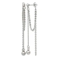 Sterling silver chain earrings with ball drops and a connected chain detail between the posts, displayed against a white background.