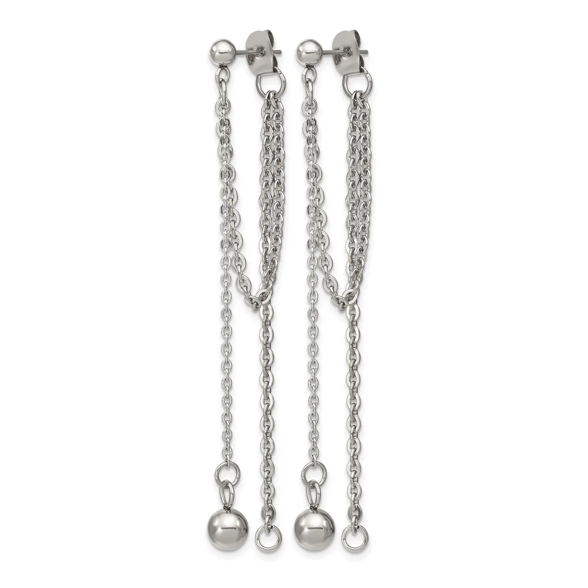 A pair of silver chain dangle earrings with ball studs at the top and small spheres suspended at the ends of the chains.