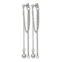 A pair of silver chain dangle earrings with ball studs at the top and small spheres suspended at the ends of the chains.