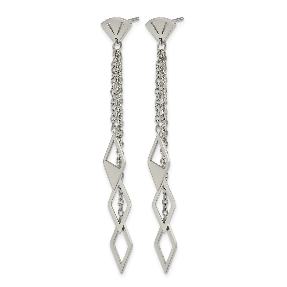 Pair of silver-toned drop earrings with stud posts, featuring chain strands and geometric diamond-shaped cutout elements suspended below.