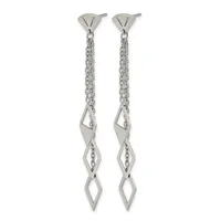 Pair of silver-toned drop earrings with stud posts, featuring chain strands and geometric diamond-shaped cutout elements suspended below.