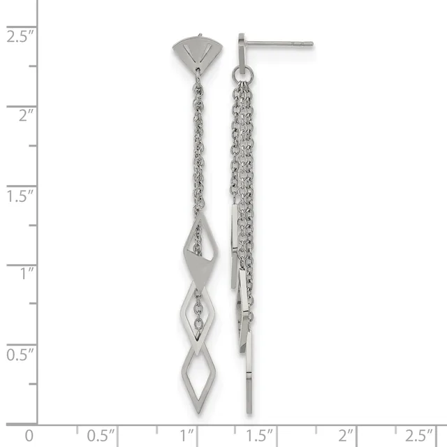 Silver-toned chain dangle earrings with geometric diamond-shaped pendants, displayed against a measurement scale showing approximately 2.5 inches in length.