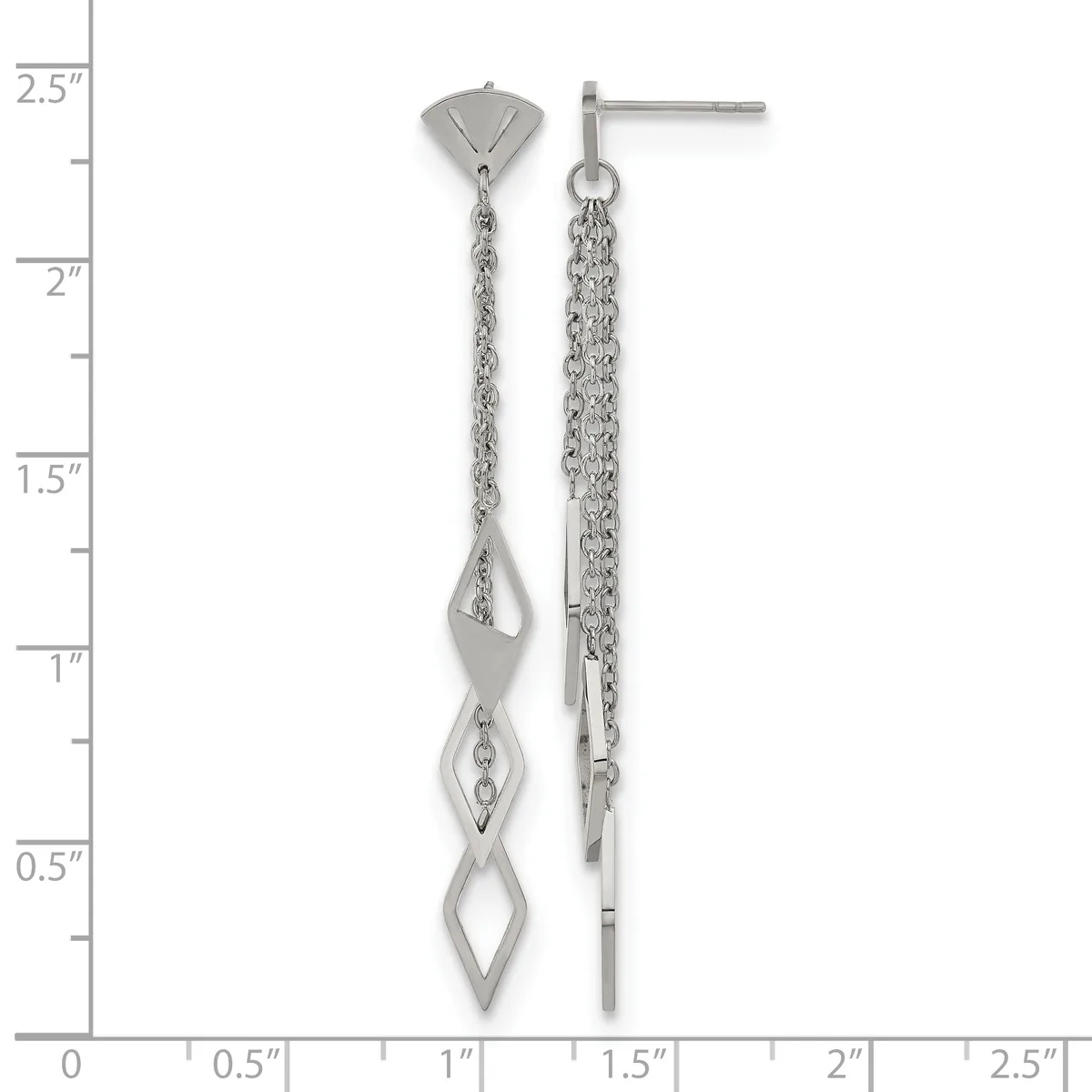 Silver-toned chain dangle earrings with geometric diamond-shaped pendants, displayed against a measurement scale showing approximately 2.5 inches in length.