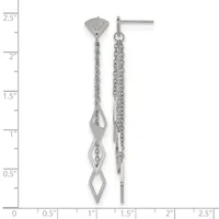 Silver-toned chain dangle earrings with geometric diamond-shaped pendants, displayed against a measurement scale showing approximately 2.5 inches in length.
