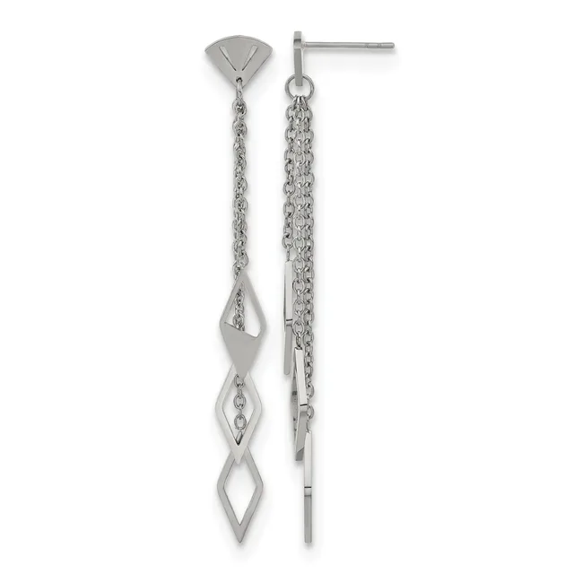 Pair of sterling silver dangle earrings with geometric diamond-shaped pendants suspended from delicate chain, shown from front and back views.