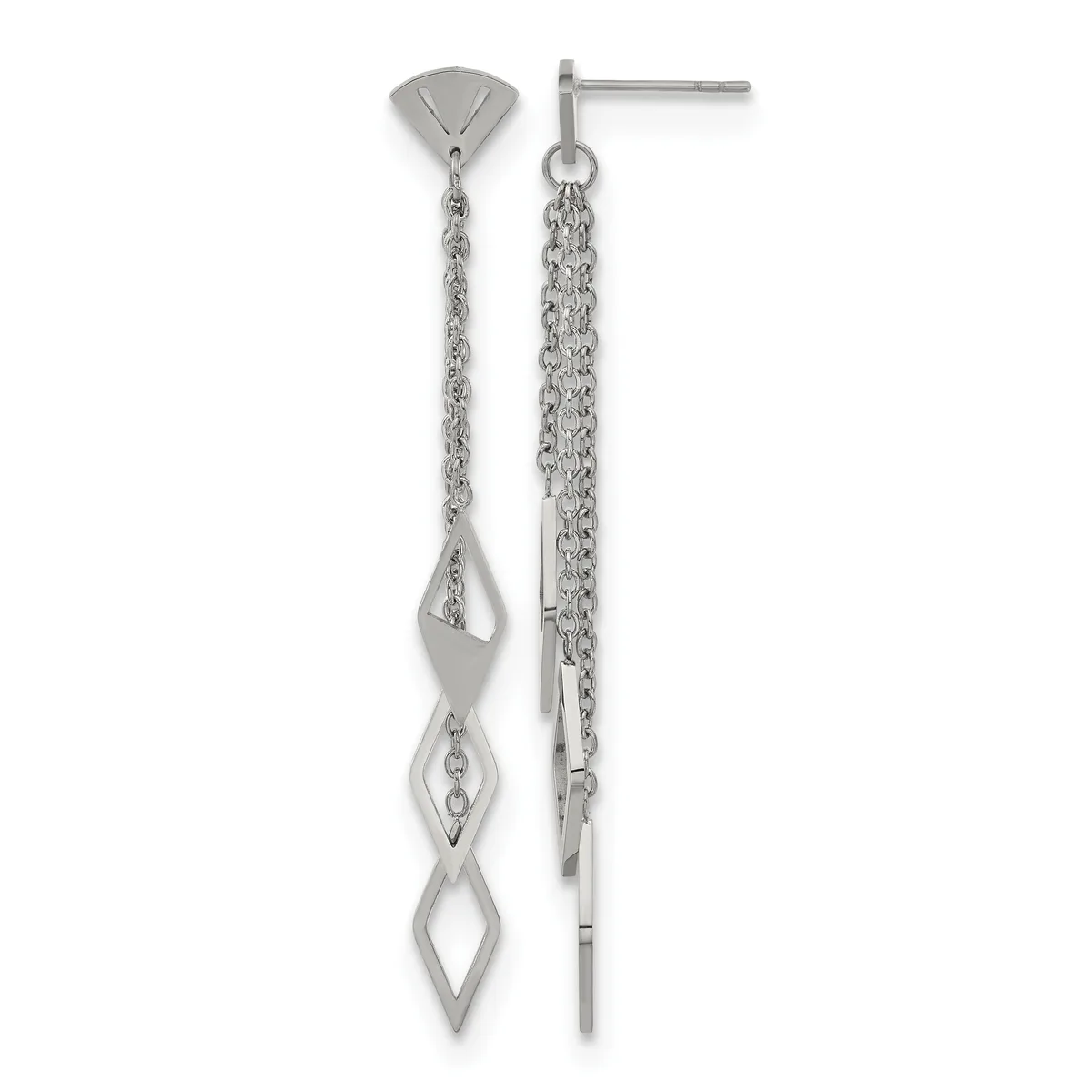 Pair of sterling silver dangle earrings with geometric diamond-shaped pendants suspended from delicate chain, shown from front and back views.