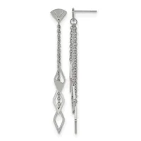Pair of sterling silver dangle earrings with geometric diamond-shaped pendants suspended from delicate chain, shown from front and back views.