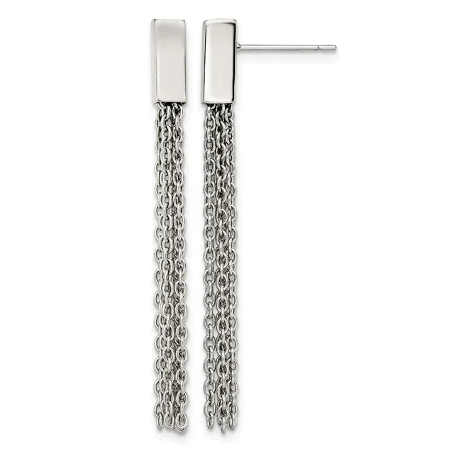 Pair of silver drop earrings with polished rectangular posts attached to long dangling chain strands.