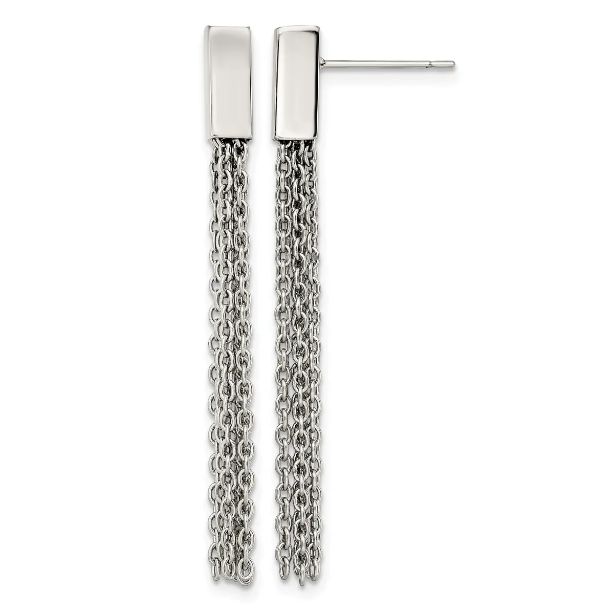 Pair of silver drop earrings with polished rectangular posts attached to long dangling chain strands.