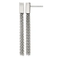 Pair of silver drop earrings with polished rectangular posts attached to long dangling chain strands.