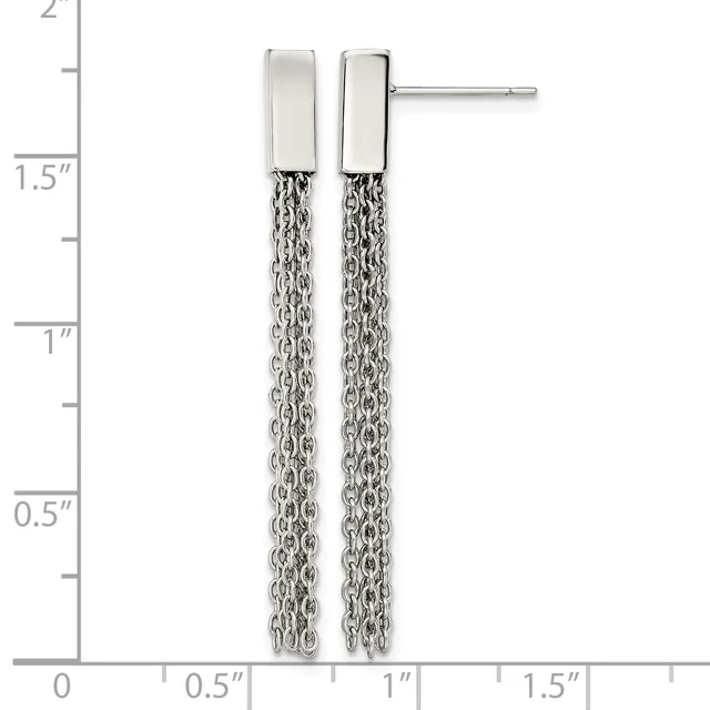 Pair of silver rectangular stud earrings with polished tops and textured chain-like dangling strands, shown against a measurement scale.