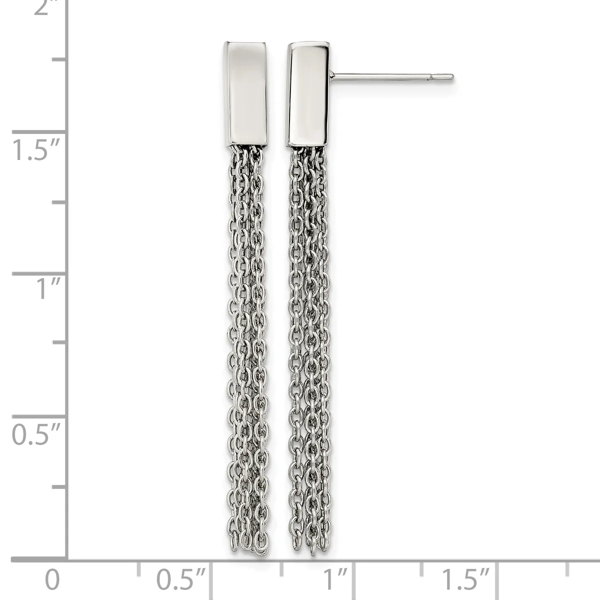 Pair of silver rectangular stud earrings with polished tops and textured chain-like dangling strands, shown against a measurement scale.