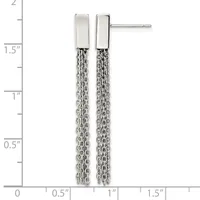 Pair of silver rectangular stud earrings with polished tops and textured chain-like dangling strands, shown against a measurement scale.
