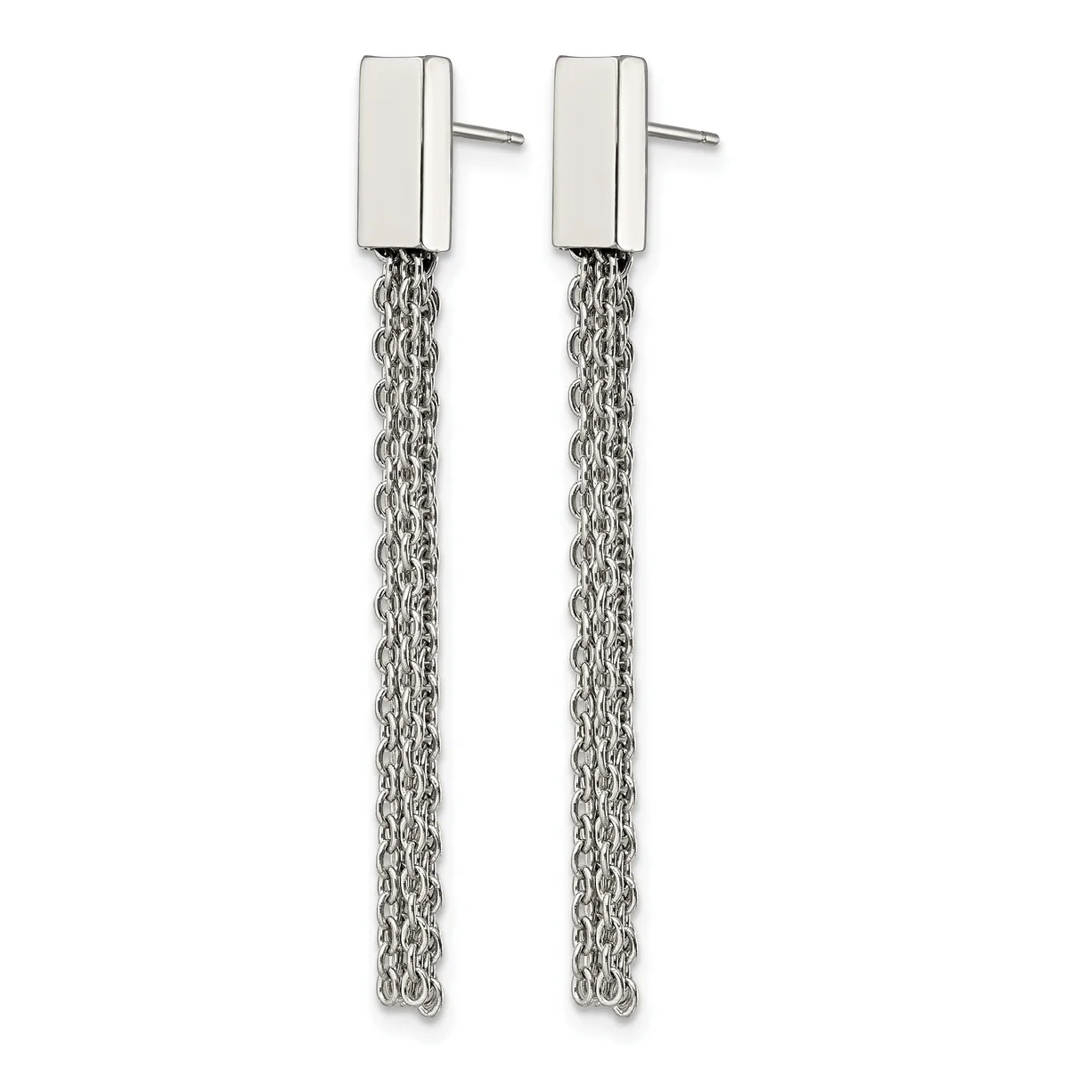 Pair of silver stud earrings with rectangular flat posts attached to long dangling chain strands.