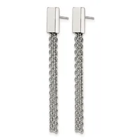 Pair of silver stud earrings with rectangular flat posts attached to long dangling chain strands.