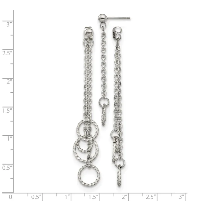 Three silver chain dangle earrings with varying lengths displayed against a measurement ruler, featuring linked rings and chain details.