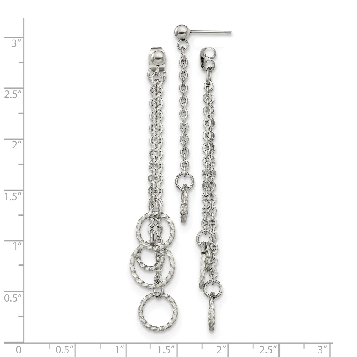 Three silver chain dangle earrings with varying lengths displayed against a measurement ruler, featuring linked rings and chain details.