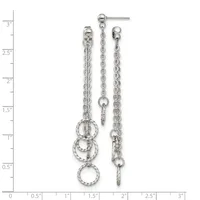 Three silver chain dangle earrings with varying lengths displayed against a measurement ruler, featuring linked rings and chain details.
