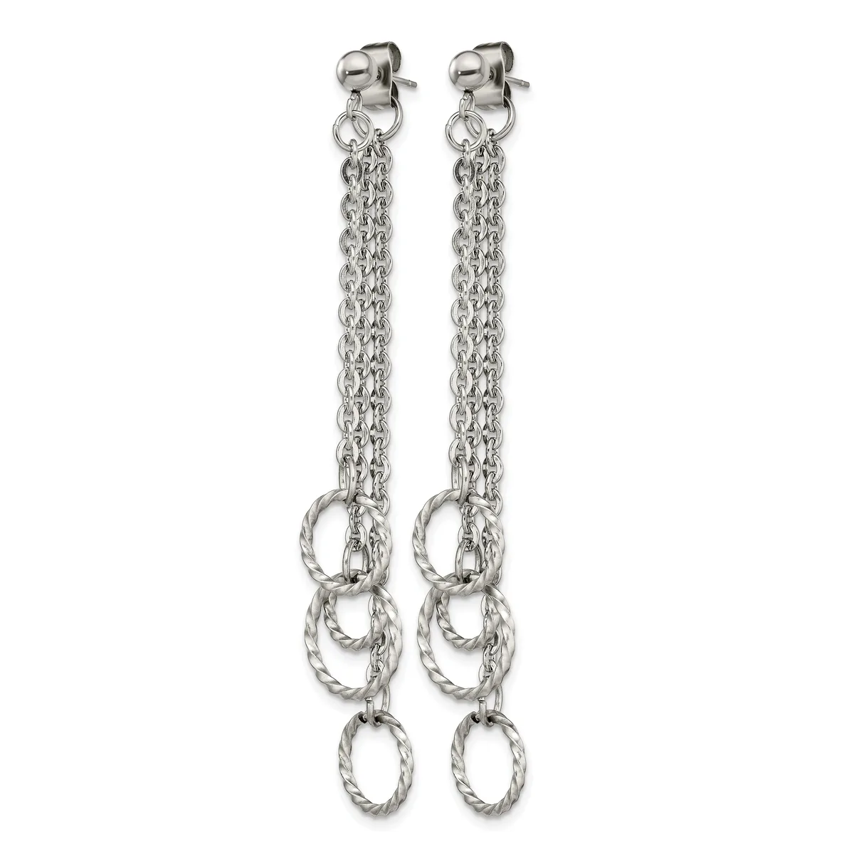 A pair of long silver-toned chain dangle earrings with twisted oval rings attached to stud posts.