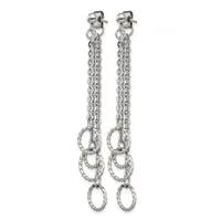 A pair of long silver-toned chain dangle earrings with twisted oval rings attached to stud posts.