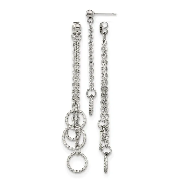 Sterling silver chain dangle earrings featuring three graduated twisted circular rings suspended from ball studs.