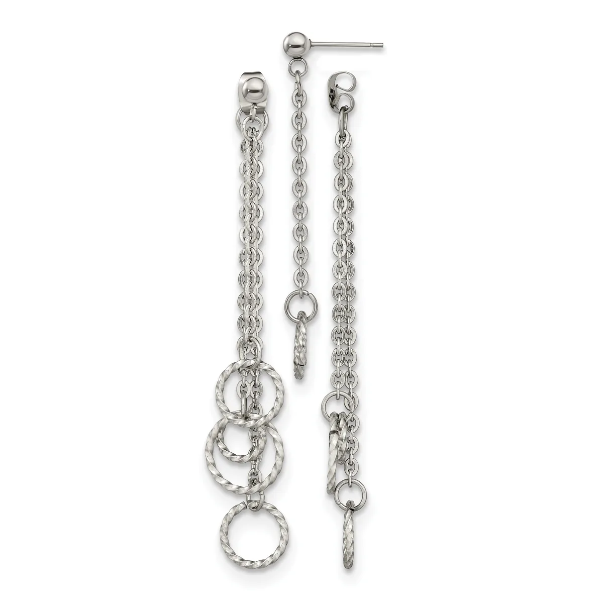 Sterling silver chain dangle earrings featuring three graduated twisted circular rings suspended from ball studs.