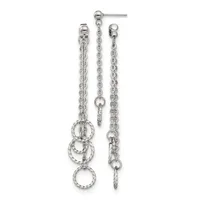 Sterling silver chain dangle earrings featuring three graduated twisted circular rings suspended from ball studs.