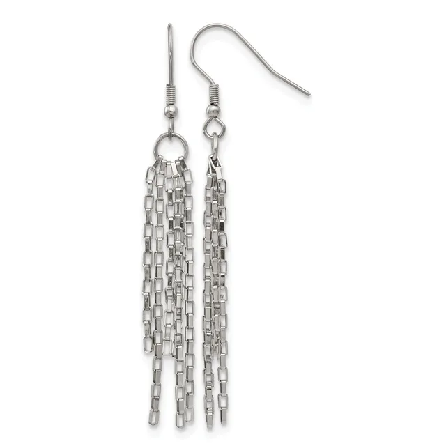 Pair of silver-toned dangle earrings with fish hook posts featuring tassel-like strands of small rectangular chain links hanging from circular connectors.
