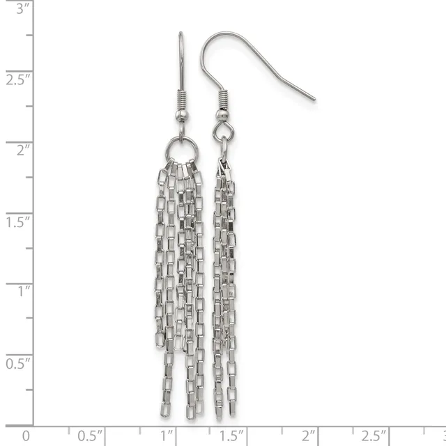 Pair of silver-toned chain tassel earrings with fish hook wires, displayed against a measurement ruler showing approximately 2.5 inches in length.