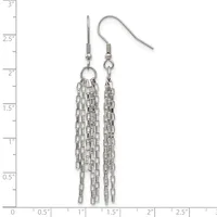 Pair of silver-toned chain tassel earrings with fish hook wires, displayed against a measurement ruler showing approximately 2.5 inches in length.