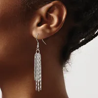 Close-up of a person's ear wearing a silver-toned tassel earring with long strands hanging from a hook fastening.