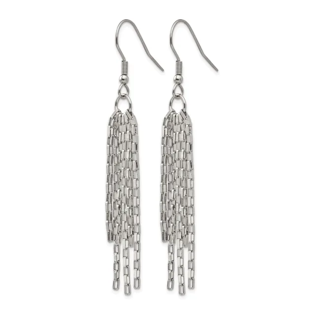 A pair of silver-toned fish hook earrings with chain tassel drops hanging from small connector loops.
