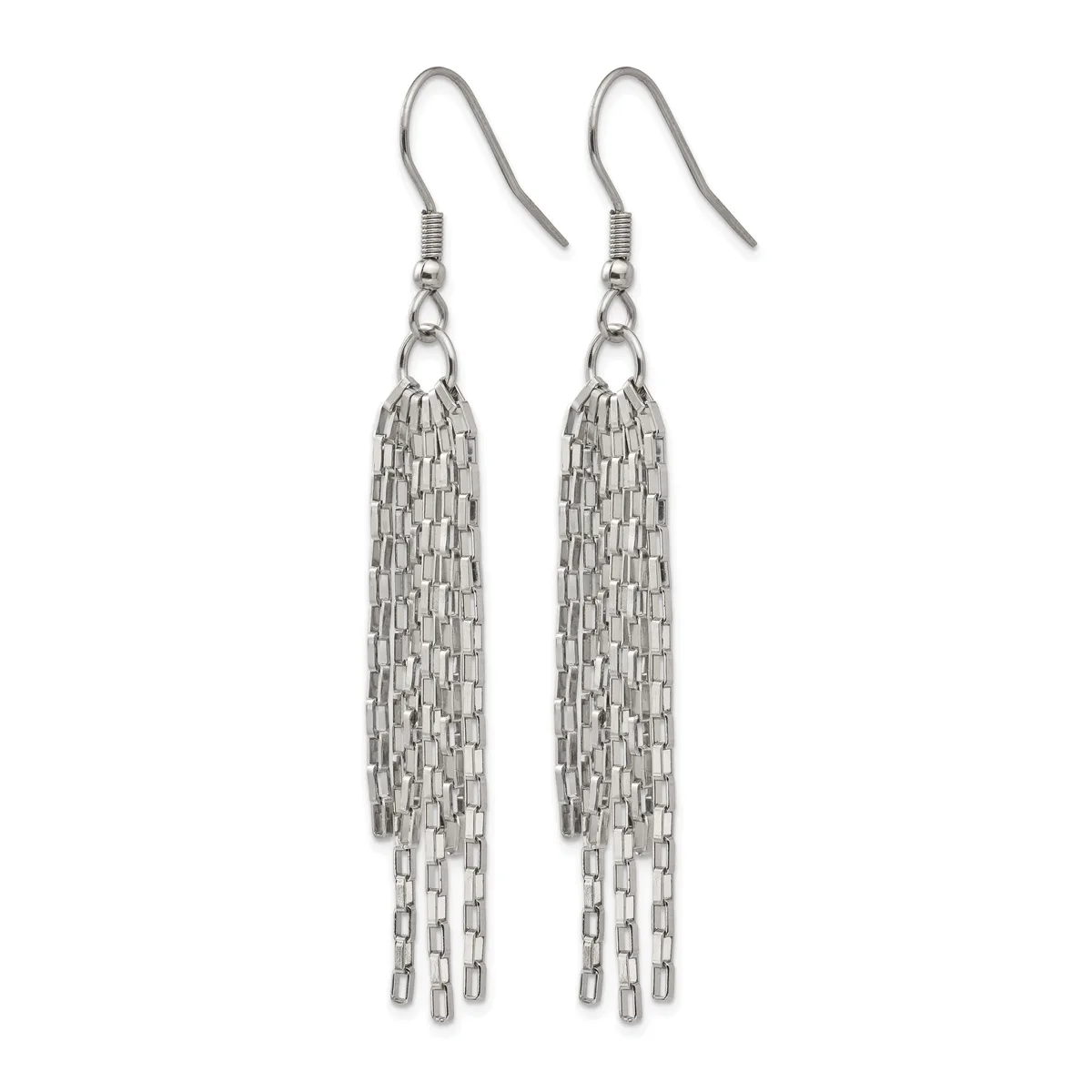 A pair of silver-toned fish hook earrings with chain tassel drops hanging from small connector loops.